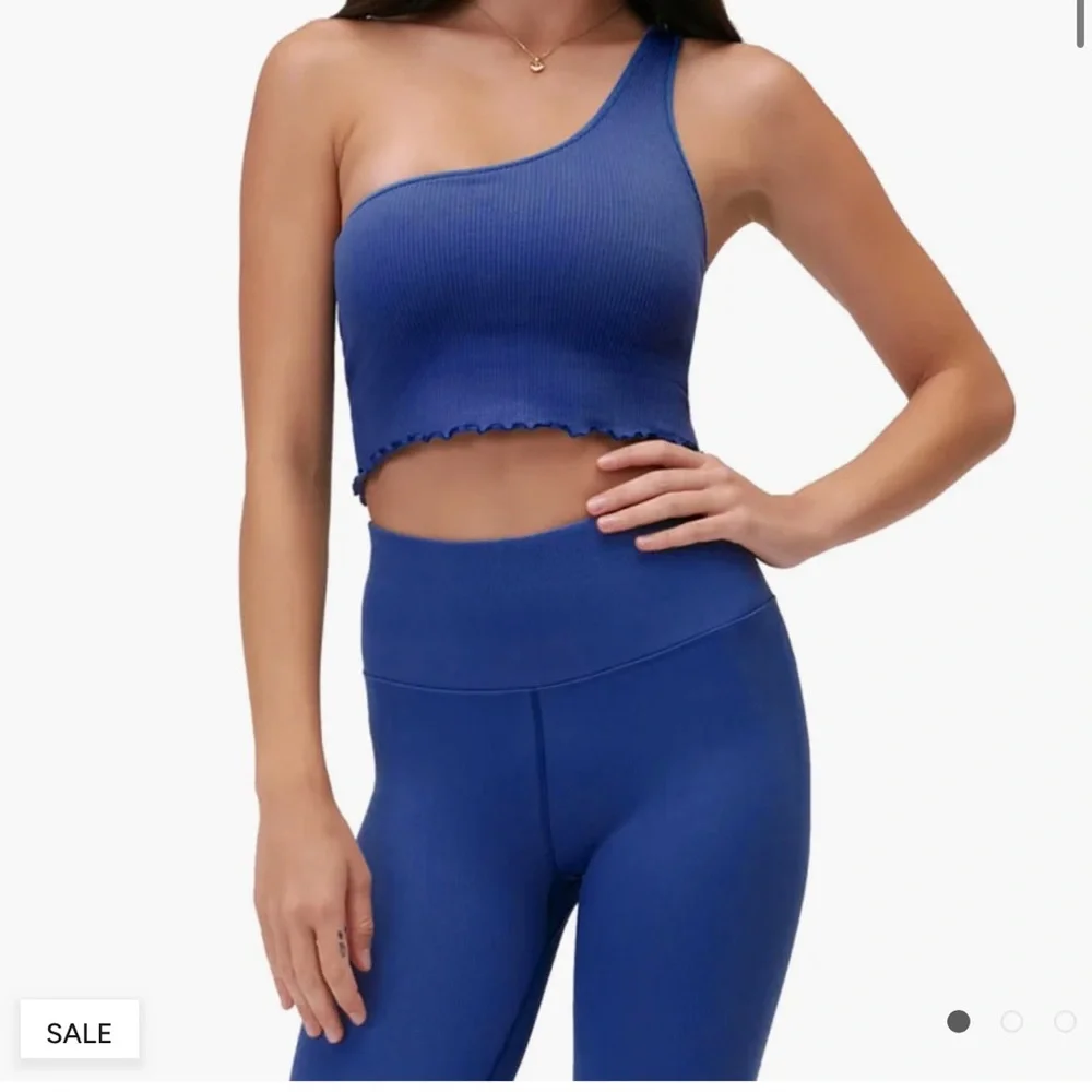 One-Shoulder Blue Ribbed Crop Top - Picture 1 of 6